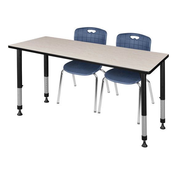 Kee 60" x 24" Adjustable Student Table - Maple & 2 Andy 18-in  Chairs- Navy