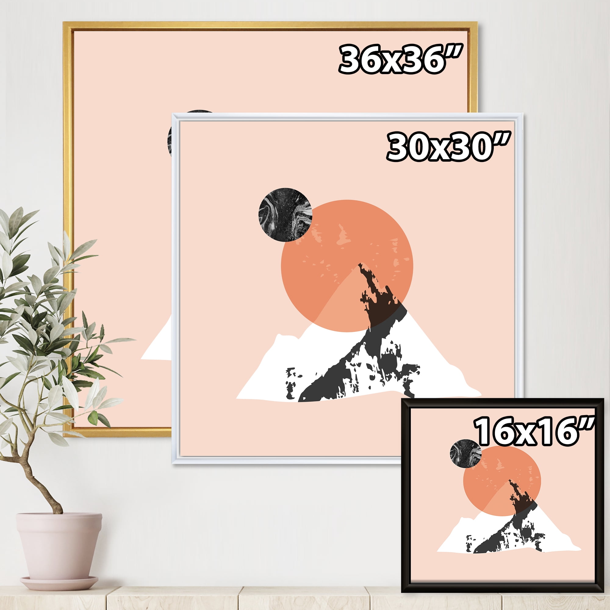 Designart 'Modern Minimalist Mountain Moon and Sun' Modern Framed Canvas Wall Art Print