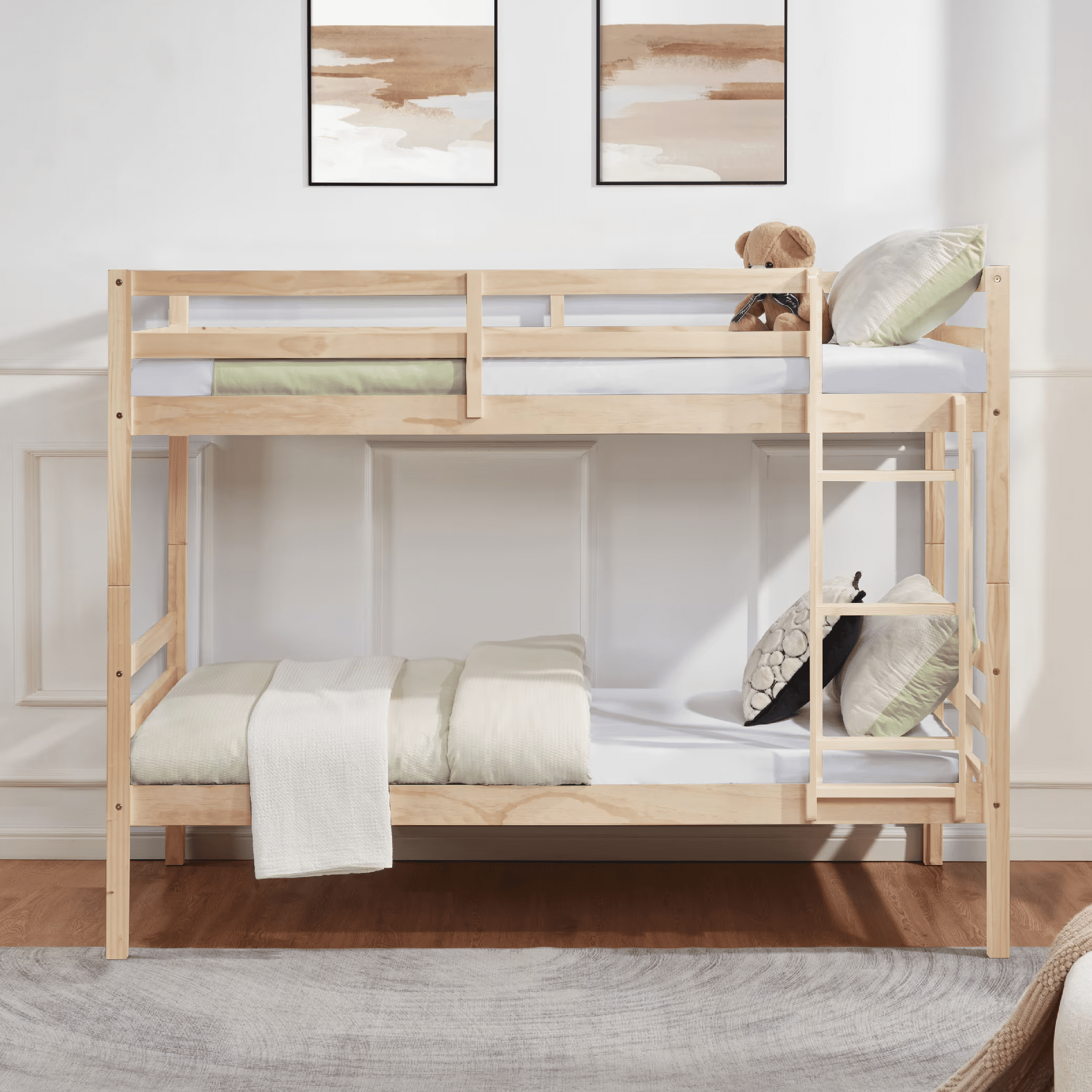 MAYEERTY Twin over Twin Bunk Bed with Ladder, Wooden Bed Frame with High Guardrail and Ladder for Kids, No Box Spring Needed, White