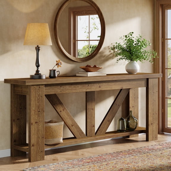 Tribesigns 70.9-Inch Solid Wood Console Table for Entryway, 2-Tier Sofa Table Behind Couch with Storage for Living Room, Hallway, Foyer， Brown
