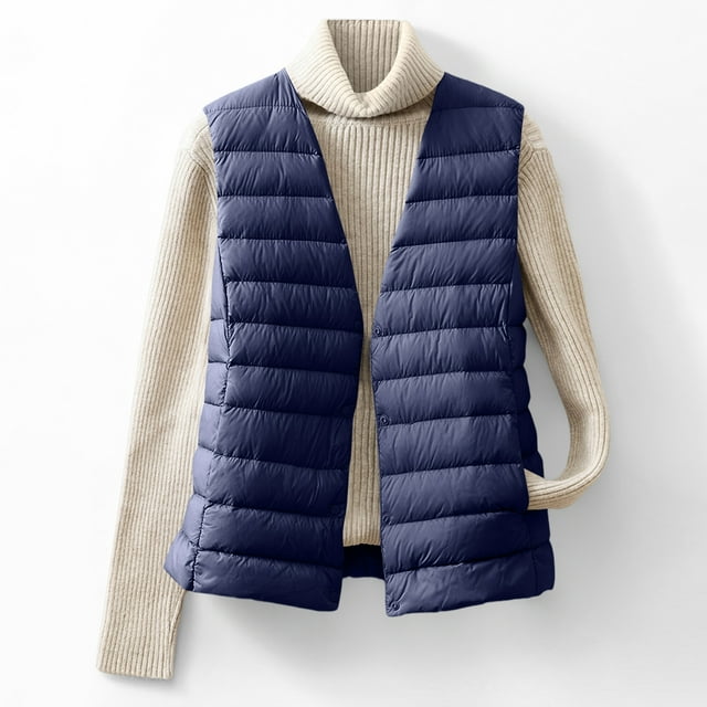 Mevxay Veste Matelassée pour Femmes Grande Taille Légère Col en V Sans Manches Veste Matelassée Fine à Boutons Bleu 4TG