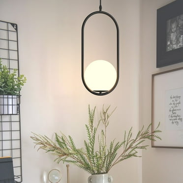 OS-DZ132B-N1 Modern Black Globe Pendant Lighting - 1-Light Hanging Fixture with White Glass Shade for Kitchen, Dining Room, Bedroom