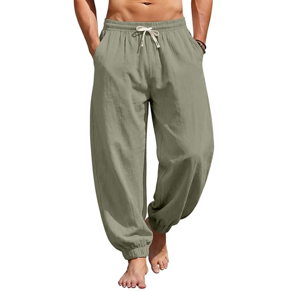 Havenx Mens Cotton Linen Pants Elastic Waist Drawstring Pants with Pockets Straight Leg Slacks Causal Loose Lightweight Summer Beach Clothes,Camouflage Green 3XL