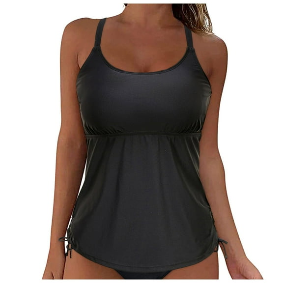 Gubotare Swim Tops Women Top Only Women's Tankini Top Tie-Side Drawstrings Bathing Suit Top Ribbed Fabric Tummy Control Sporty Swimsuit Top (Black,XXL)