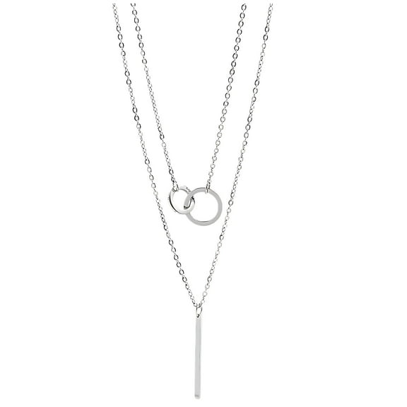 Layered Linked Circles and Bar Pendant Chain Necklace for Women by Ginger Lyne Silver Tone Stainless Steel