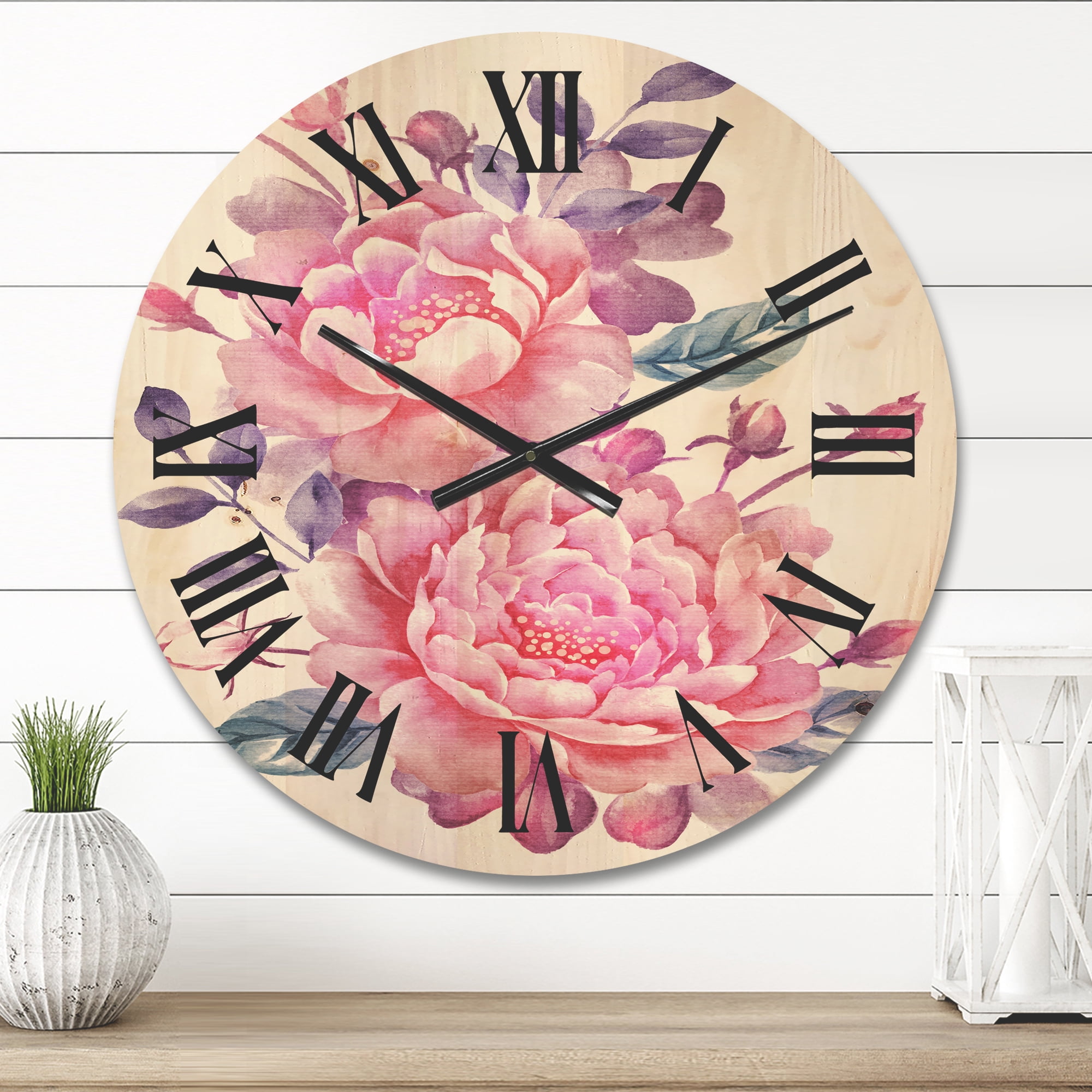 Designart 'Pink Retro Flowers With Blue Leaves On White' Traditional Wood Wall Clock