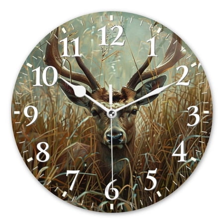 Non-Ticking Silent Wall Clocks Battery Operated Personalized Decor Clock for Bathroom,Office-Hyperrealistic Oil Painting Of Deer In Tall Grass(10inch)