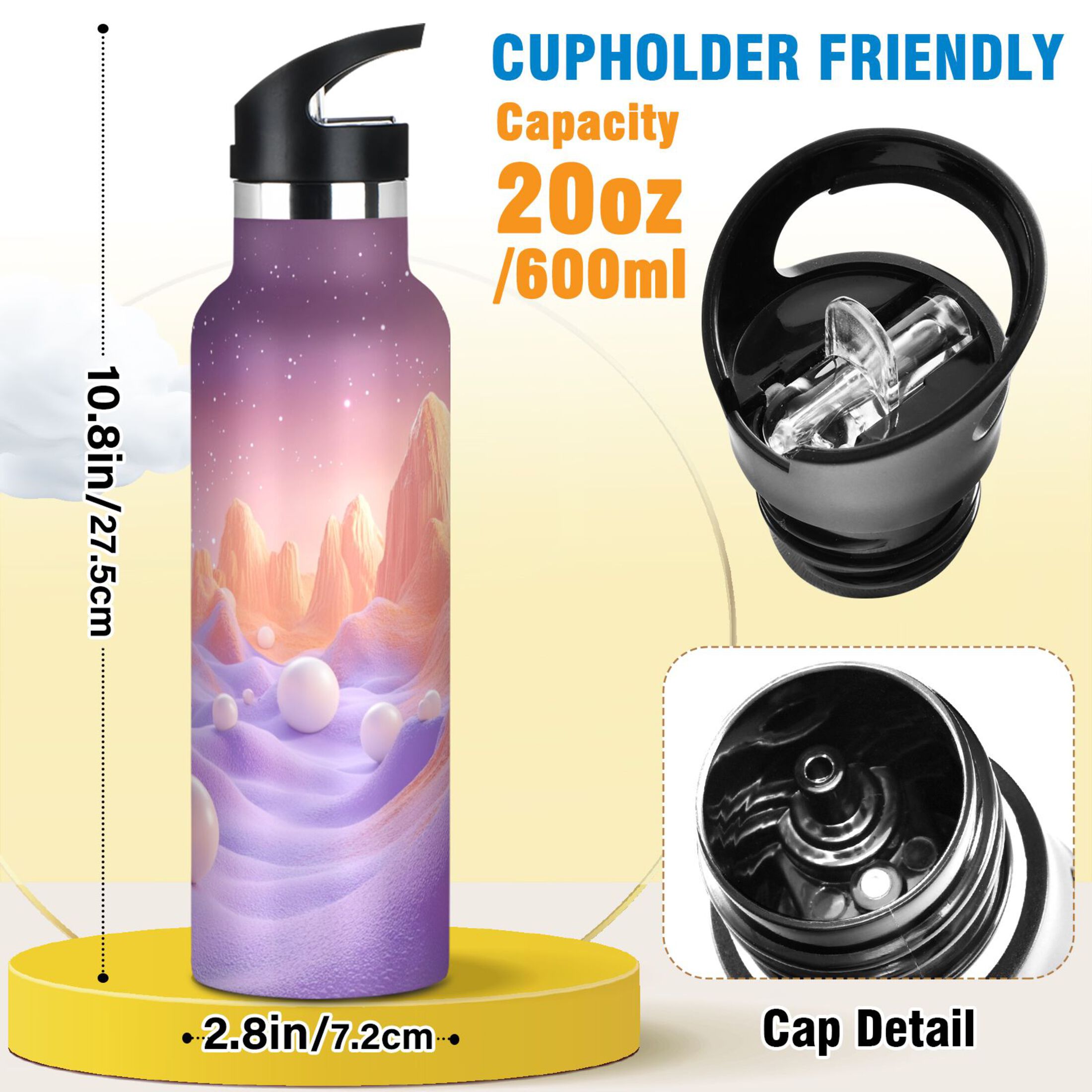 Kids Insulated Stainless Steel Sports Water Bottle 600ml (20oz) Orange Fantasy Mountains