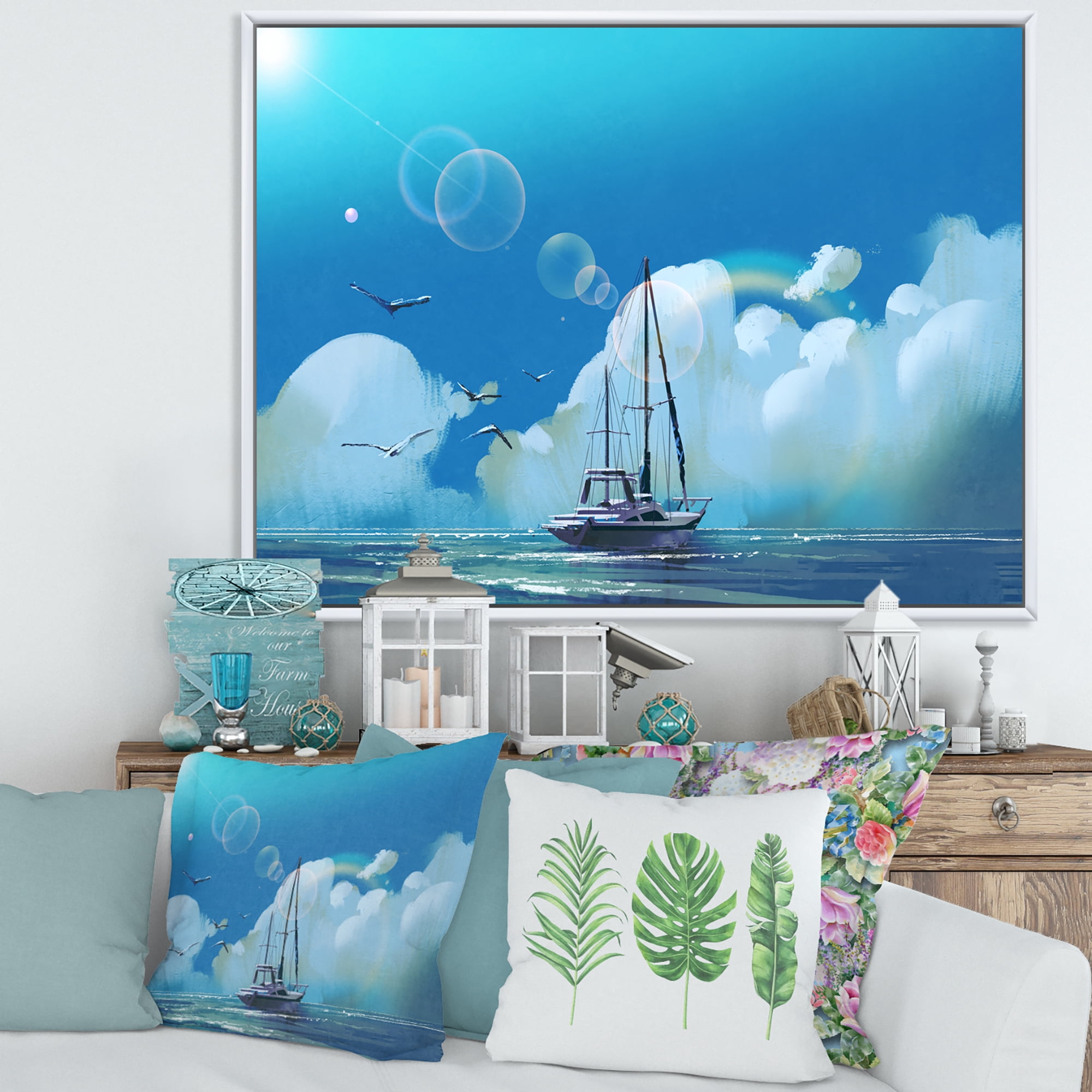The Sailboat On The Blue Sea Against Summer Clouds Sky 32 in x 16 in Framed Photography Canvas Art Print, by Designart