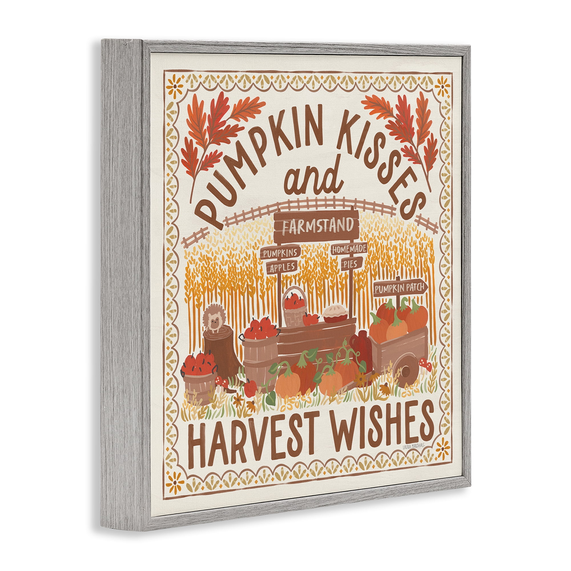 Stupell Industries Pumpkin Kisses Fall Scene Landscape Painting Gray Framed Art Print Wall Art, 12 x 12