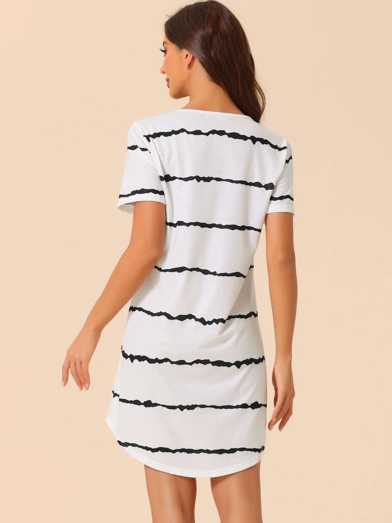 DARING DIVA Women's Round Neck Striped Short Sleeve Sleepshirt Nightgown M White