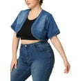 thumbnail image 4 of Unique Bargains Women's Plus Size Denim Cardigan Crop Short Sleeve Jean Jacket Shrug Blue 1X, 4 of 6