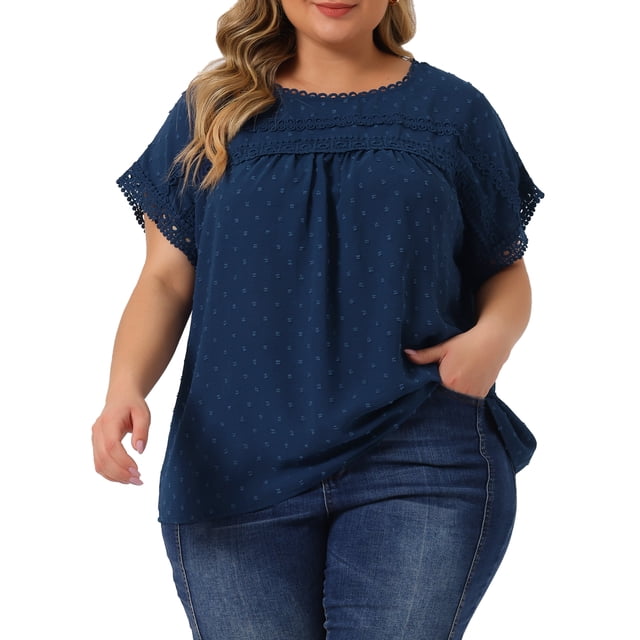 Blusas de mujer de tallas grandes Agnes Orinda, de gasa con puntos suizos, mangas cortas, encaje, crochet y plisado, 4X, azul oscuro