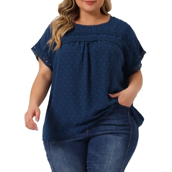 Agnes Orinda Women's Plus Size Tops Chiffon Swiss Dots Short Sleeves Lace Crochet Pleated Blouse 3X Dark Blue