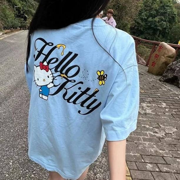 Sanrio Hello Kitty-Camiseta 100% de algodón con dibujos animados de Anime Y2K, Top de cuello redondo para chica picante, ropa holgada y versátil a la moda