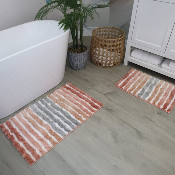 Bathroom Rugs Set of 2, Soft Microfiber Bath Mats, Absorbent & Quick Drying, Non-Slip Rubber Backing, Machine Washable Bathroom Floor Mats for Tub, Shower, Sink – 20x32, 24x40 Coral