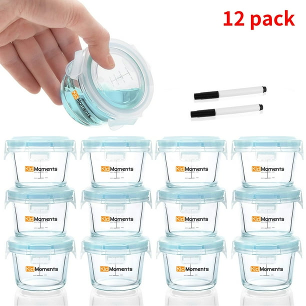 KidMoments Set of 12 5oz Glass Baby Food Containers, Baby Food Storage