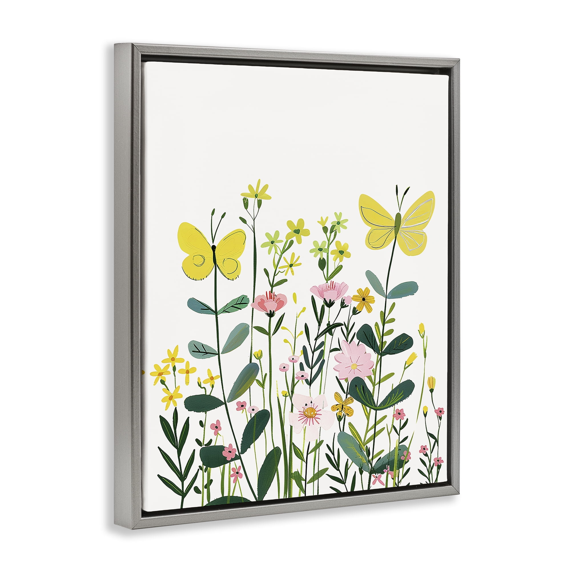 Stupell Industries Blooming Garden Butterflies Plants & Flowers Painting Gray Floater Framed Canvas Art Print Wall Art, 17 x 21