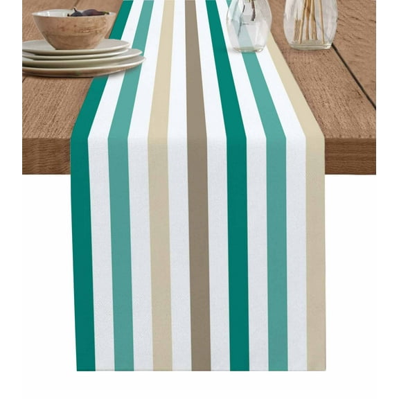 Teal Brown Stripe Burlap Cotton Table Runner 13x120 Inches Long, Gradient Geometric Vertical Striped Farmhouse Table Runners, Outdoor Dining Tablecloths Decor for Baby Shower/Party/Wedding