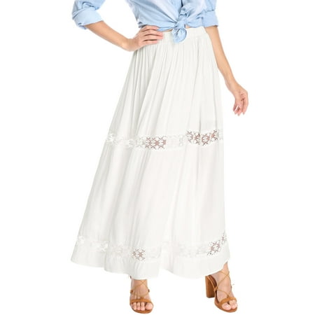 - Women Elastic Waist Lace Insert A Line Maxi Skirt White/XS (US 2)
