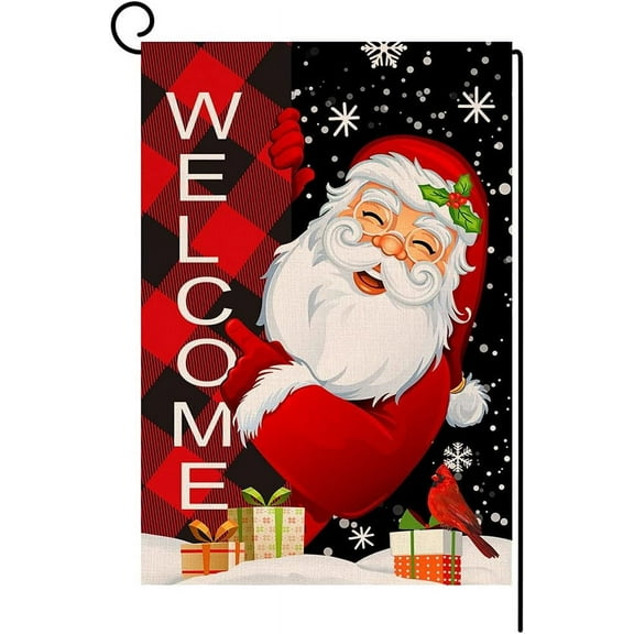Shmbada Welcome Christmas Santa Clause Small Garden Flag 12x18 Inch Vertical Double Sided Winter Red Black Board Outdoor Decorations Burlap Yard Flag