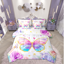 Manfei Blue Pink Butterfly Print Bedding Comforter Set 7 Pieces, Romantic Rose Flower Full Bedding Set, Cartoon Princess Style Reversible Fitted Sheet Flat Sheet, Super Cozy Room Decor