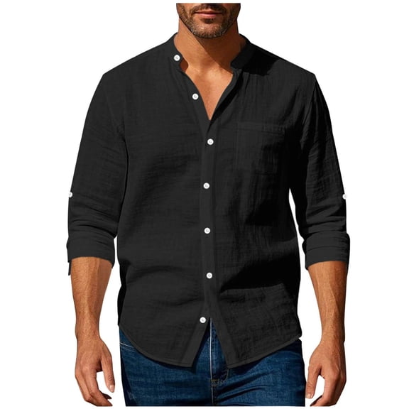 Fashion Men's Henley Long Sleeve Shirt Round Neck Casual Solid-Color Button Pocket Basic Pullover Shirt S-3XL