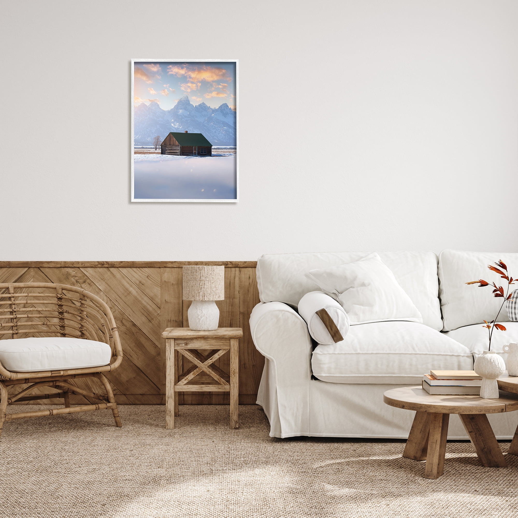 Stupell Industries Snowy Winter Cabin Landscape Photography White Framed Art Print Wall Art, 24 x 30