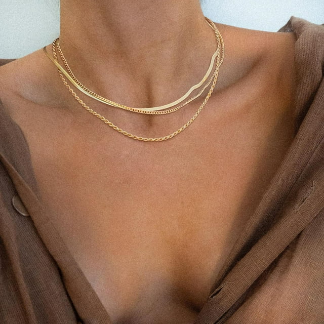Collier Chaîne Ras-du-Cou Superposé Élégant Plaqué Or pour Femmes