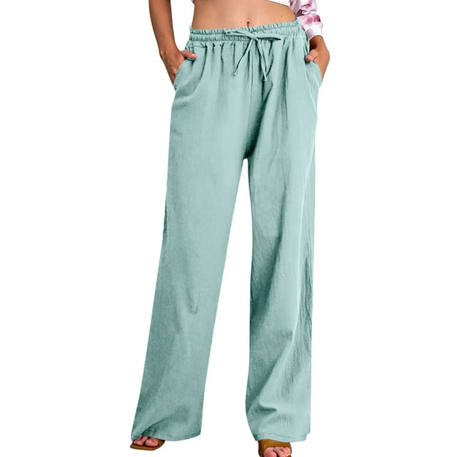 Dealovy Cotton Linen Pants for Women Drawstring Mid Waisted Solid Color Casual Flowy Summer Beach Trousers