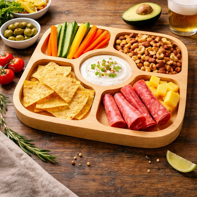 Tabla de Quesos y Charcutería de Madera Natural Cuadrada 24 x 24 cm para Servir Botanas y Aperitivos
