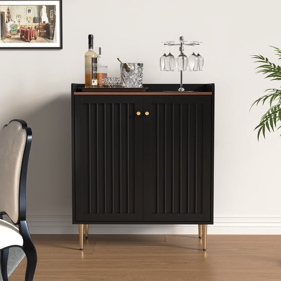 ZOSQUARE Modern Bar Cabinet with Fluted Doors, 32" Wine Bar Cabinet with Glass Holder and Storage Drawer, Mid-Century Liquor Cabinet for Dining Room & Living Room