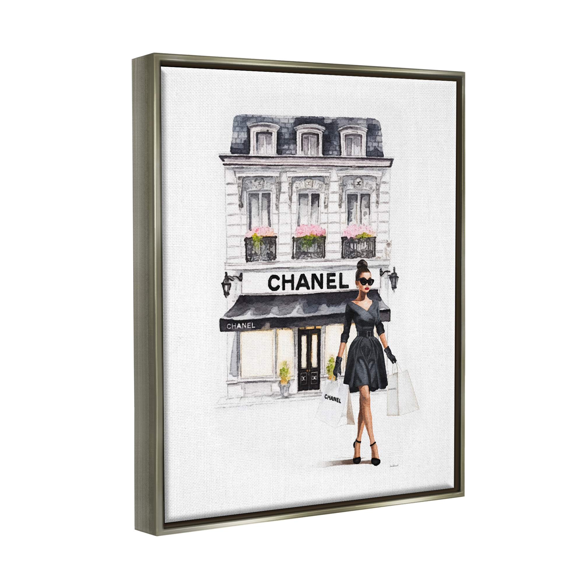 Stupell Industries Girl & Fashion Shop Town & City Painting Gray Floater Framed Canvas Art Print Wall Art, 25 x 31