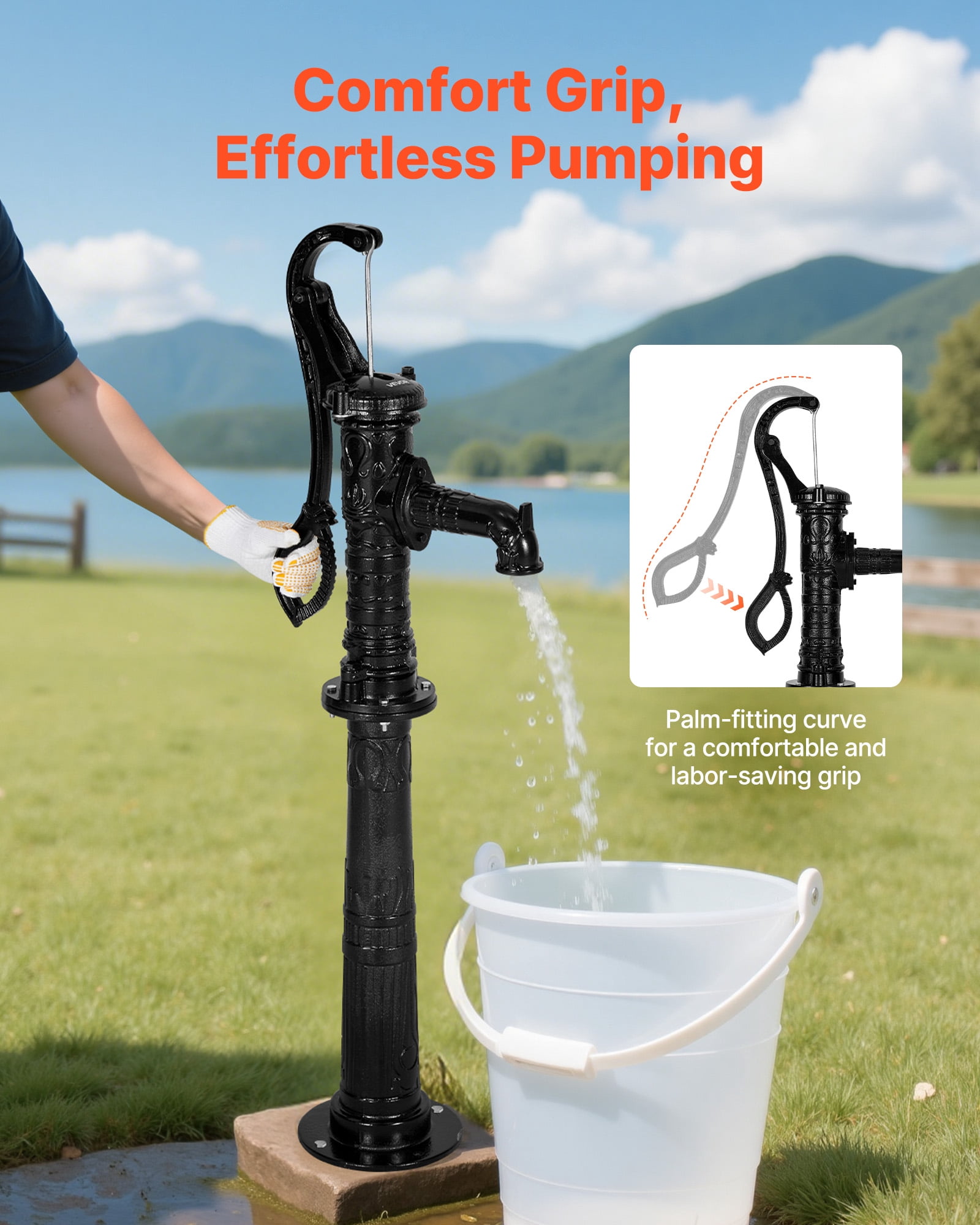 VEVOR Well Hand Pitcher Pump, 20 ft Max Lift, Antique Cast Iron Manual Hand Water Pump with Heightening Base, NPT 1-1/4 in Connection, Easy Installation, for Outdoor Garden, Pond, Yard, Farm, Black
