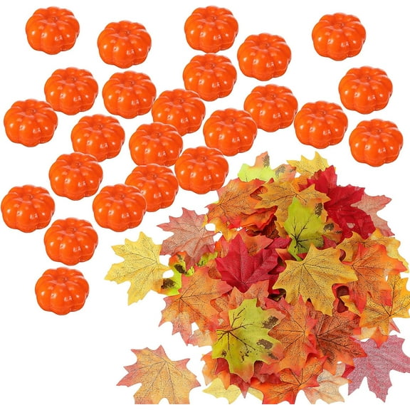 24 Pieces Mini Fake Pumpkins, Mini Artificial Pumpkin with 100 Pieces Fake Maple Leaves, Small Cute Realistic Foam Pumpkin for Halloween Fall Harvest Thanksgiving Party Decoration