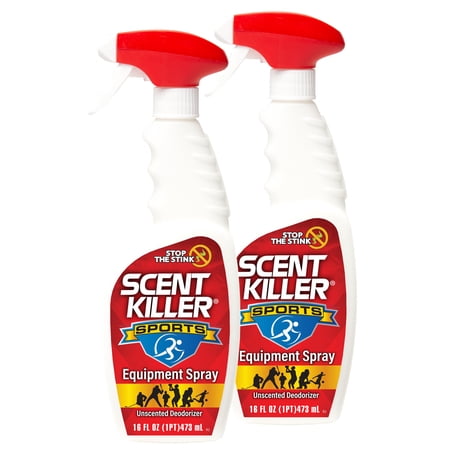Scent Killer Sports Equipment Deodorizer Spray 2 Pack (32 FL OZ Total) - Unscented Sports Equipment Deodorizer for Shoes Gym Bags