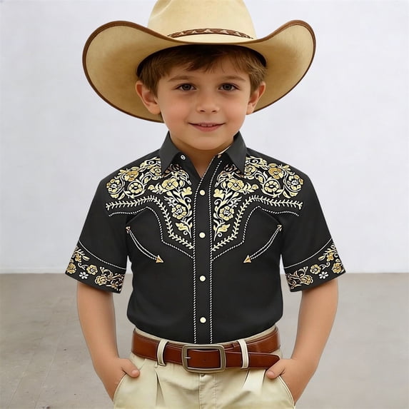 Rhuody Tops For Boy Lapel Western Cow Print Shirt Short Sleeve Button Down Top For Children And Youth Simple Wear Black4 12-13 Years
