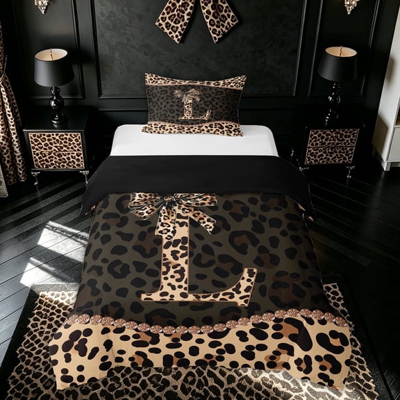 meiyoeat Brown Ribbon Initial L Twin Duvet Cover for Girls, Leopard Print Polka Dots Twin Bedding, Black Reversible, 2 Pieces, 1 Duvet Cover and 1 Pillowcase