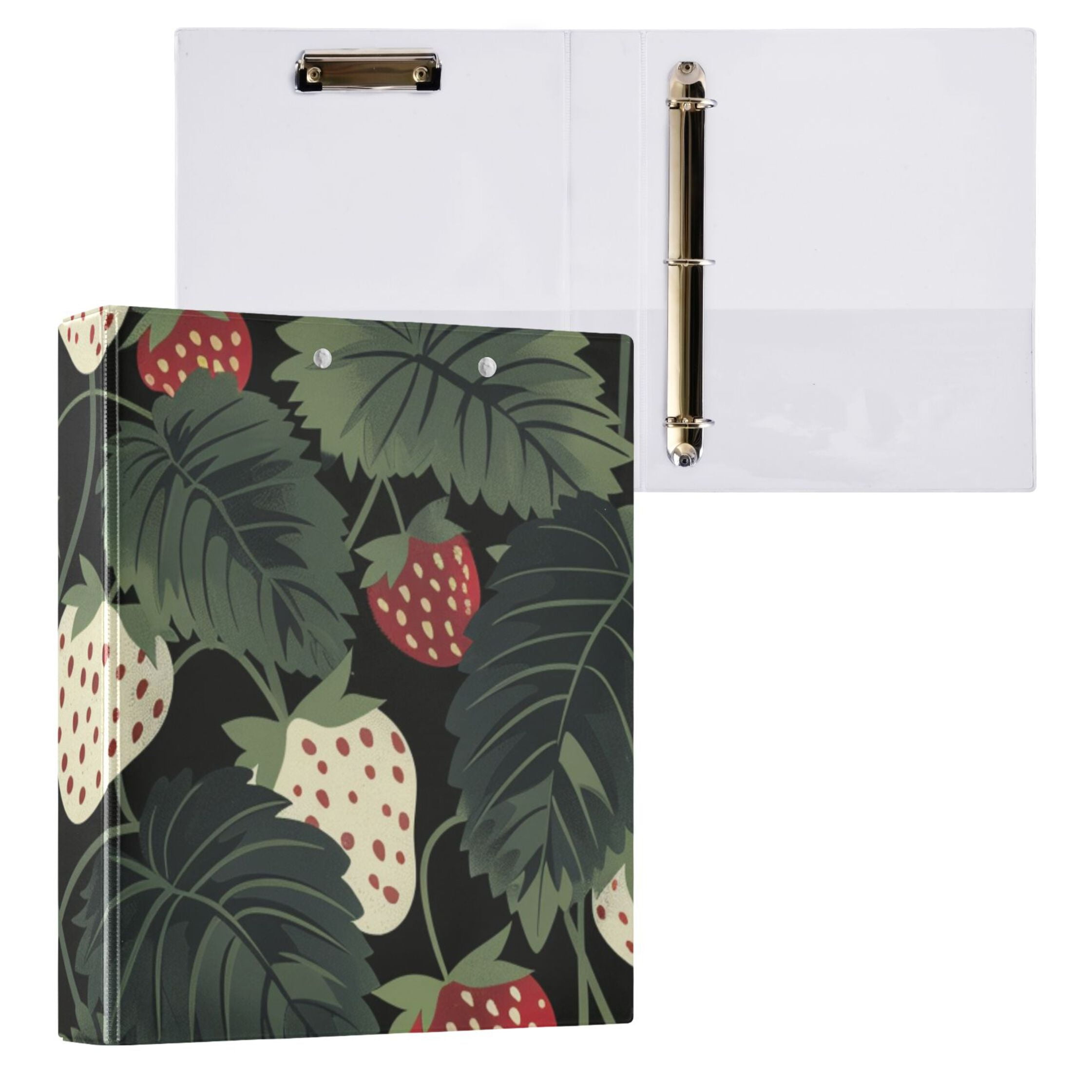 White Strawberries 3 Ring Binders 1.5 inch Hardcover File Folders with Interior Pockets A4 Size Organizer for School Office Hospital
