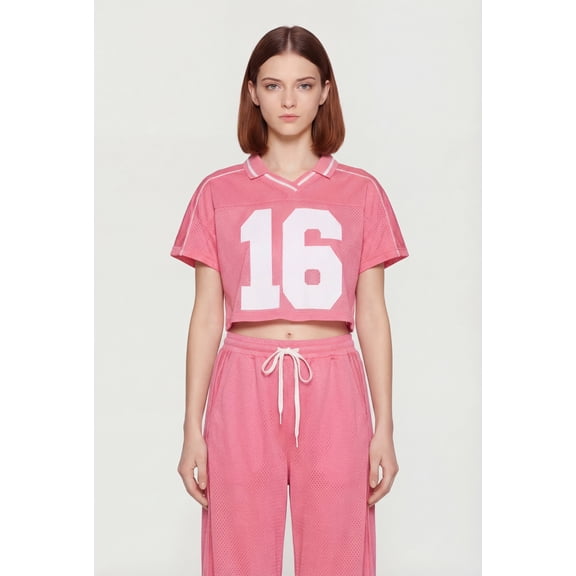 Women's Collared 16 Graphic Cropped Mesh Jersey