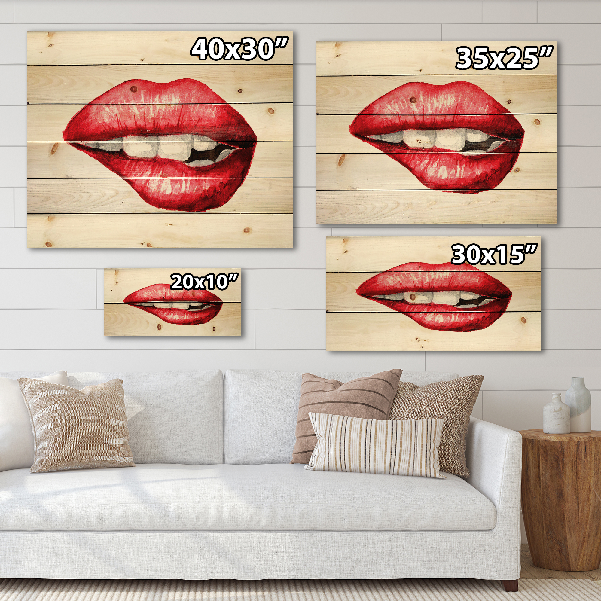 Designart 'Sexy Plump Puffy Girl Lips Biting' Modern Print on Natural Pine Wood