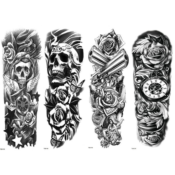Kit Pegatinas Artísticas Tatuaje Temporal Brazo Corporal Con Calavera para Hombres Y Mujeres 170x480mm