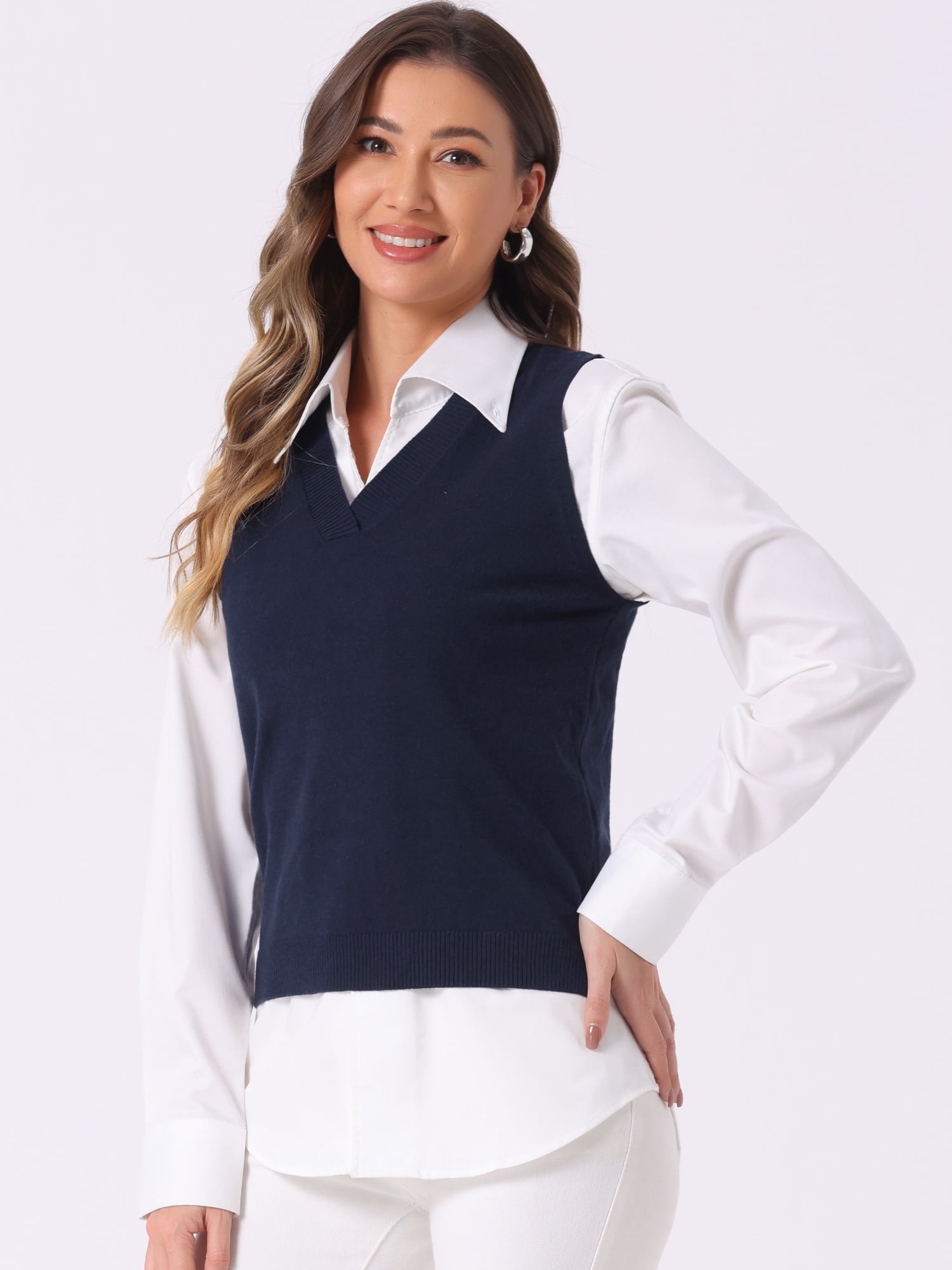 DARING DIVA Women's V Neck Sleeveless Pullover Sweater Vests M Dark Blue