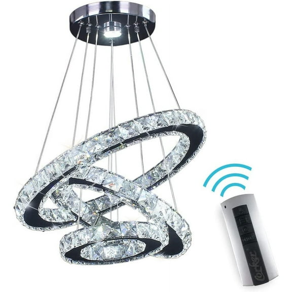 FRIXCHUR Dimmable Crystal Chandeliers LED Ceiling Light Fixture 3 Rings Adjustable Stainless Steel Pendant Light Chandelier(Multi Color)