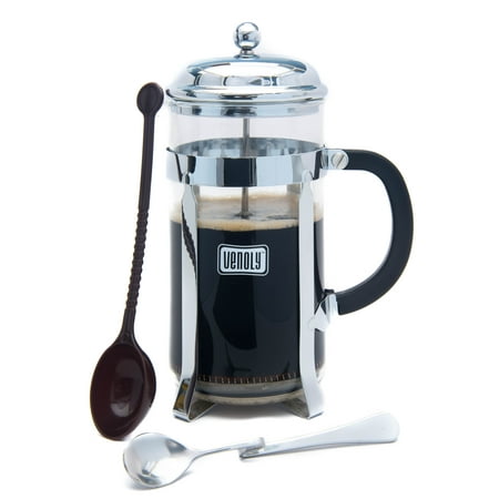 Chrome Steel Coffee Press French Press Coffee Brewer, Glass with Stainless Steel Chrome Finish, Double Filtered with Bonus Spoon ()