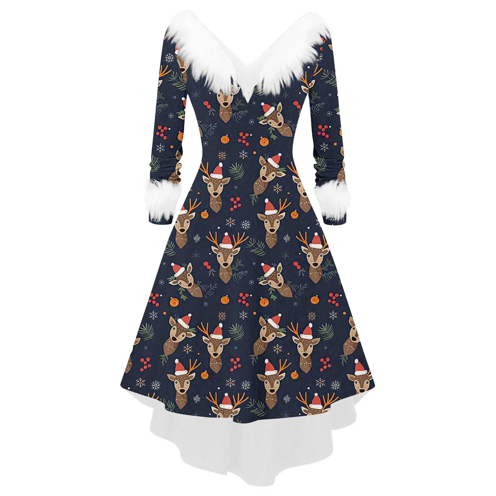 Pxkloy Christmas Festive Dresses for Women Western Fuzzy High Low Dress V  Neck Long Sleeve Casual Dresses Reindeer Print Fall Winter Outfits  Black,XXL - Walmart.com