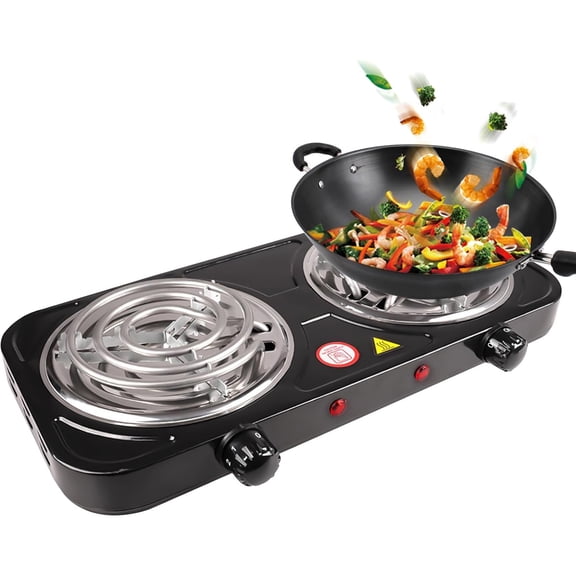 Electric Countertop Double Burner, 2000W Portable Hot Plate, 5-Level Heating Control, Dual Coil Cooktop for Home Dorm Camping, Black