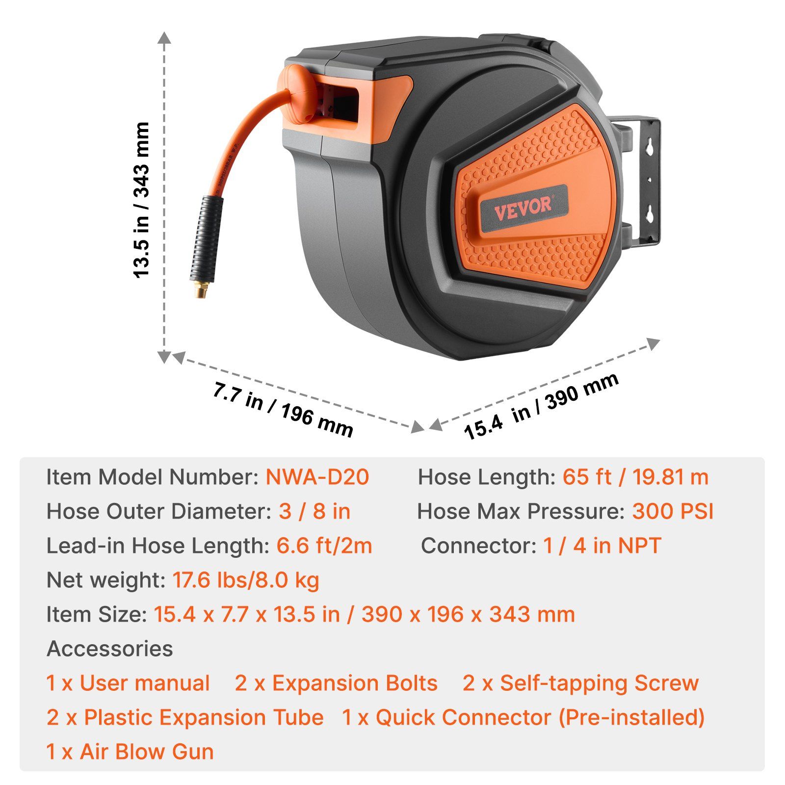 Heavy Duty Retractable Air Hose Reel 3/8" x 65ft, 300 PSI, Hybrid Enclosed, Easy to Use