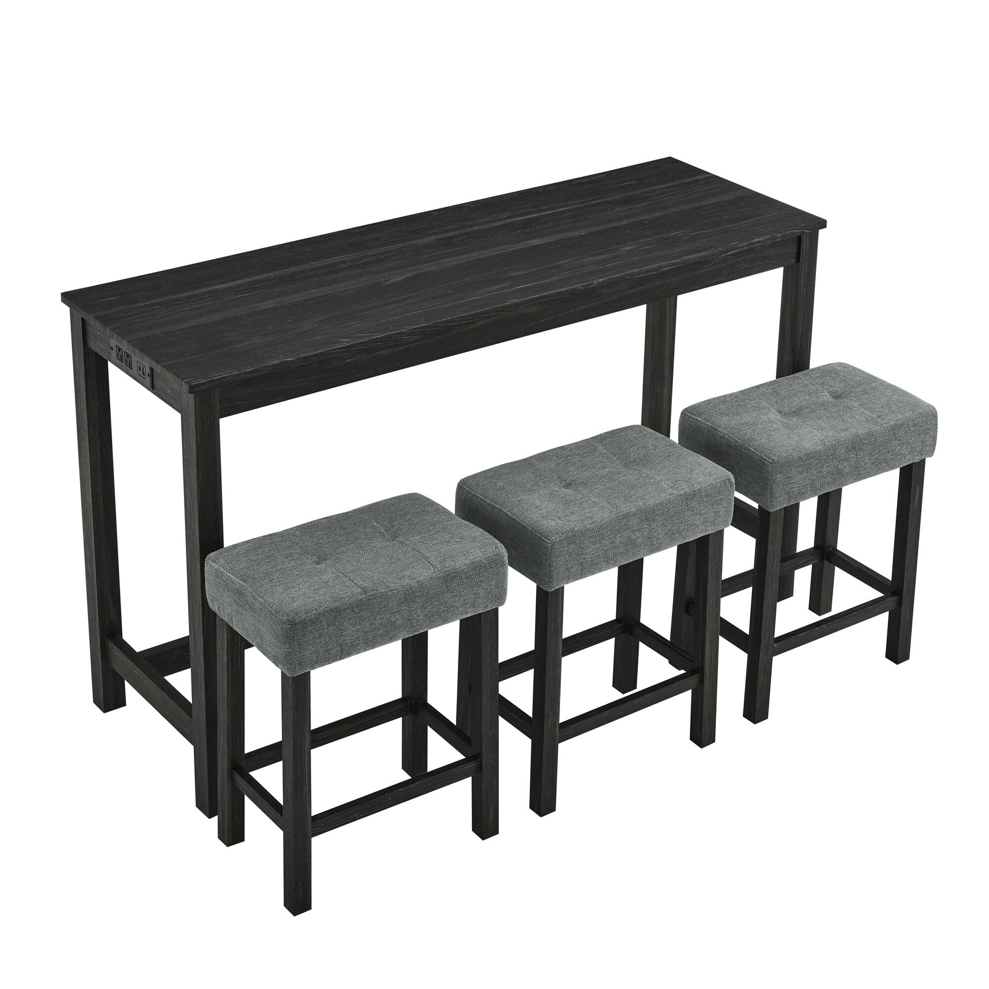 DEALTOPS 4-Piece Bar Table Set with Charging Station, 59" Counter Table with 3 Soft Stools for Small Space, Black