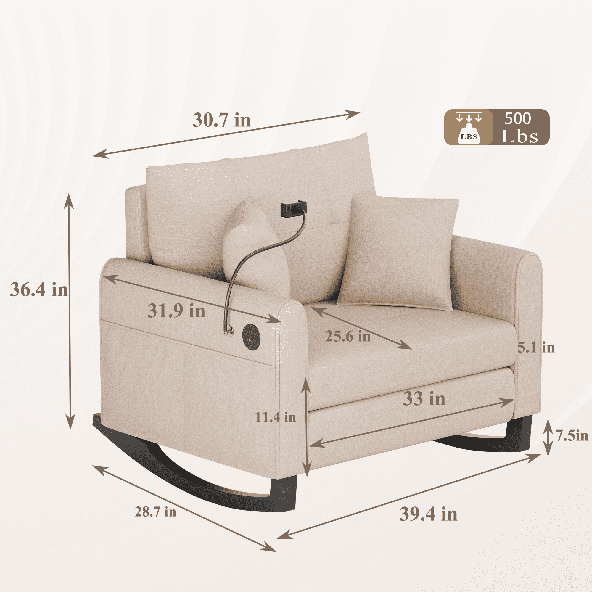 HOMREST Adult Double Wide Rocker Glider with Phone Handle and USB, Beige